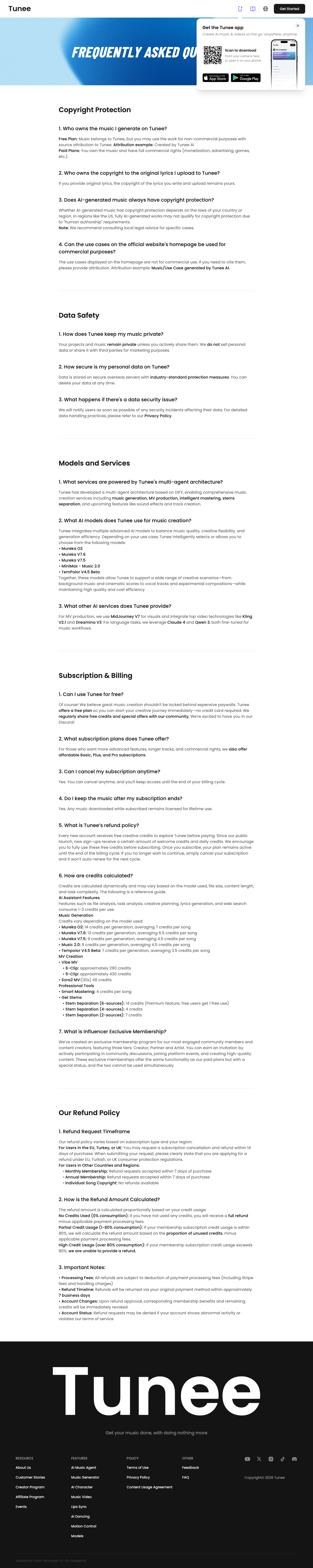 Official Tunee FAQ page with product and account questions
