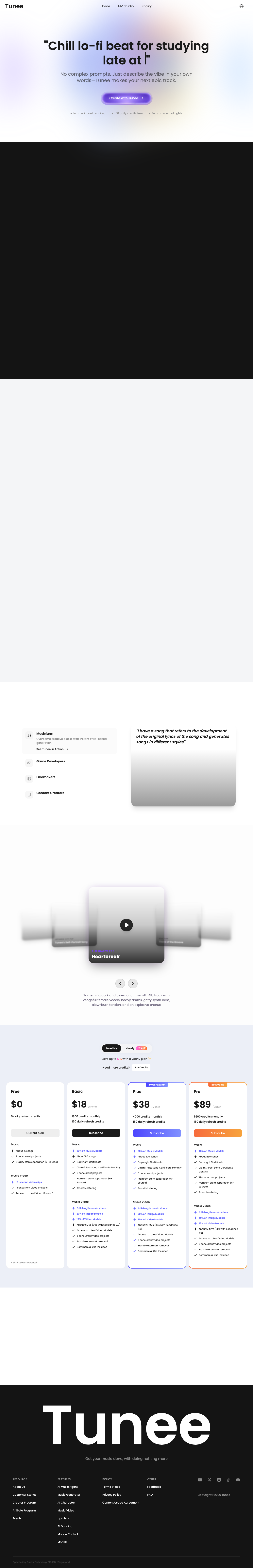 Official Tunee music agent page showing feature workflows