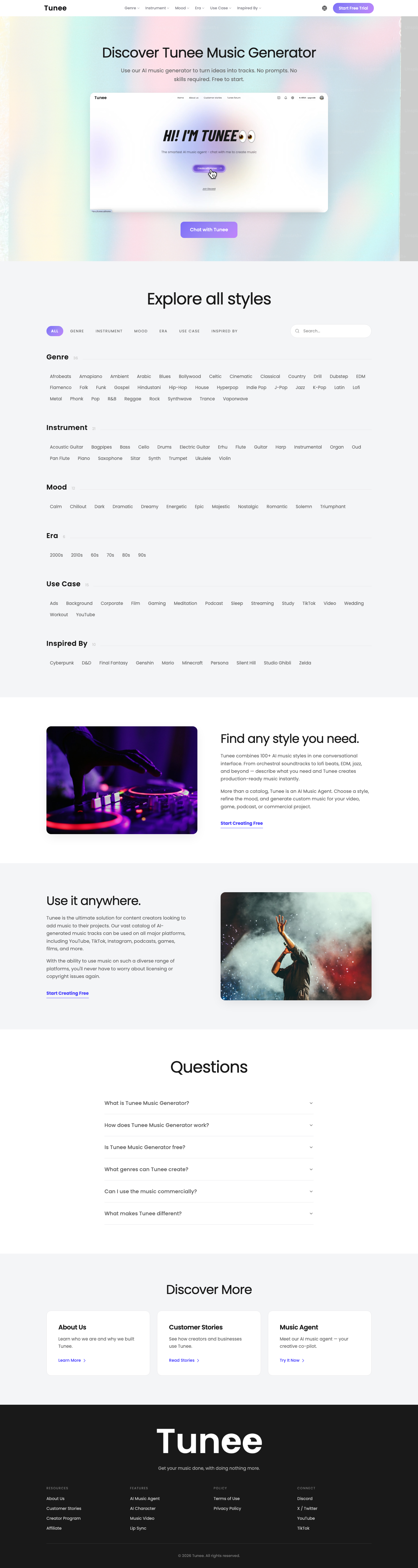 Official Tunee AI music generator page showing conversational music creation