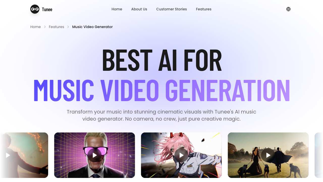 Official Tunee AI music video generator page showing visual creation options