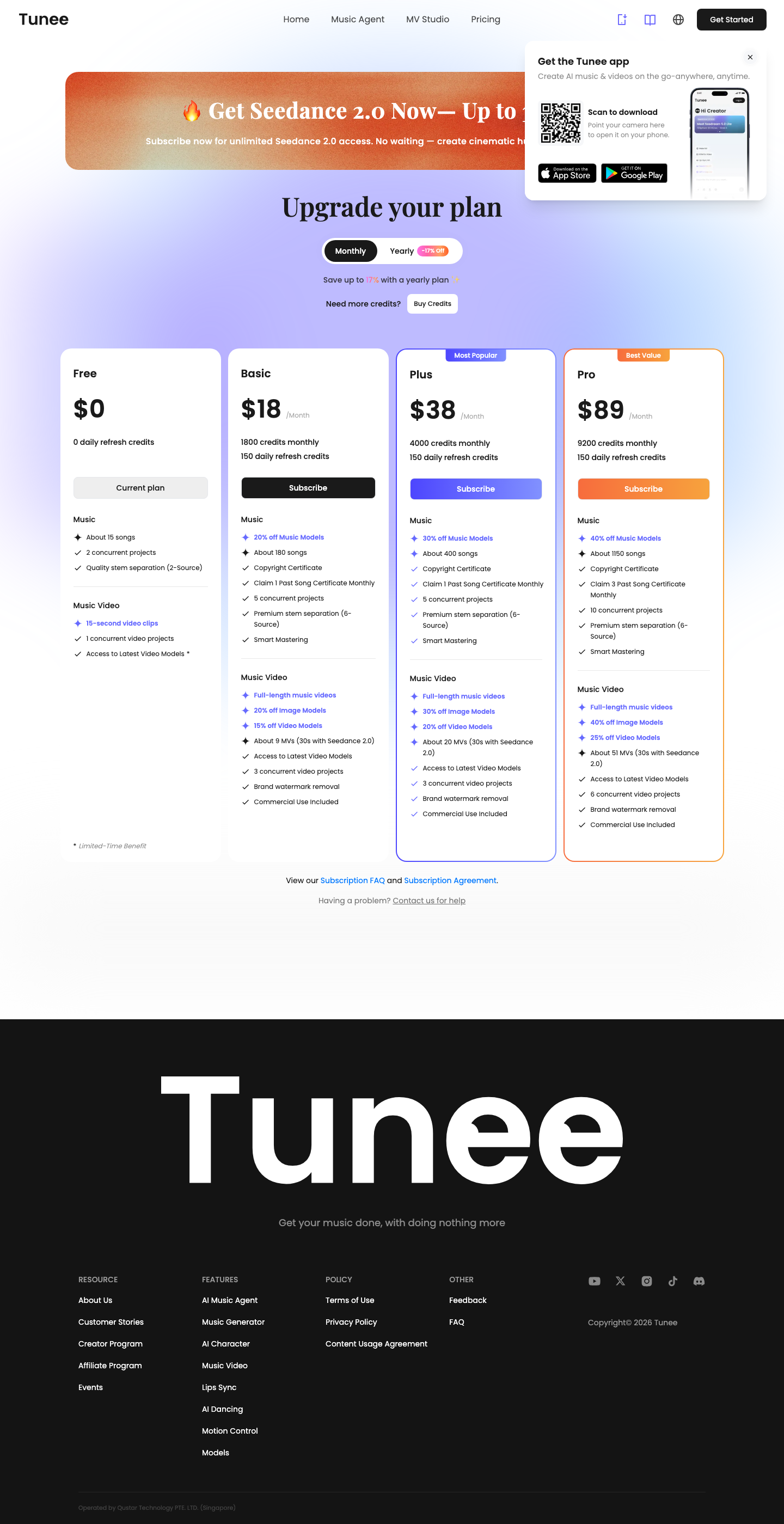 Official Tunee pricing page with plan comparison