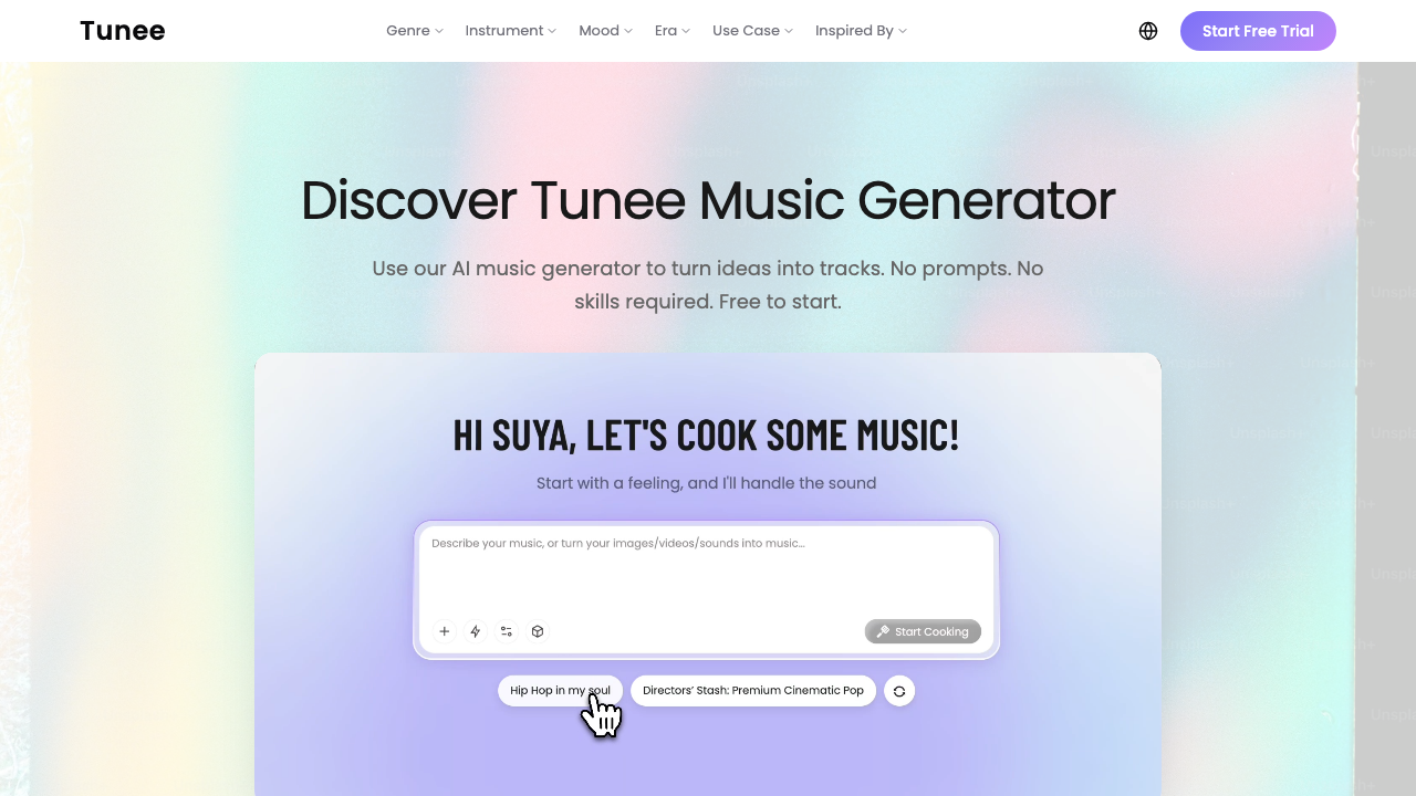 Official Tunee music generator interface used for workflow context